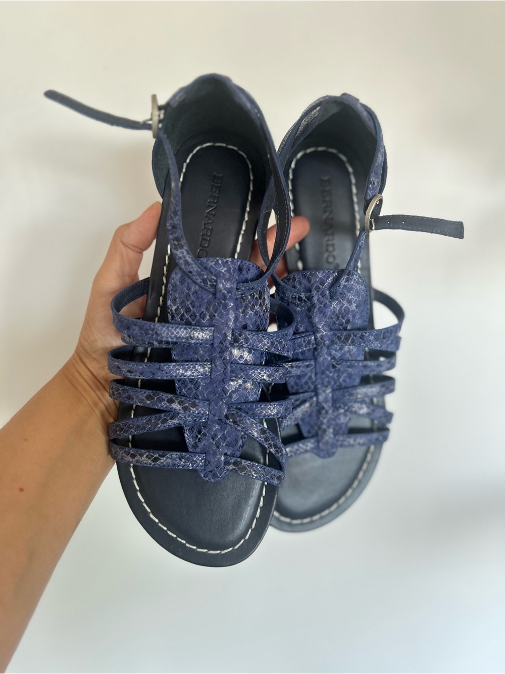 Bernardo Navy Snakeskin Strappy Sandals for Women